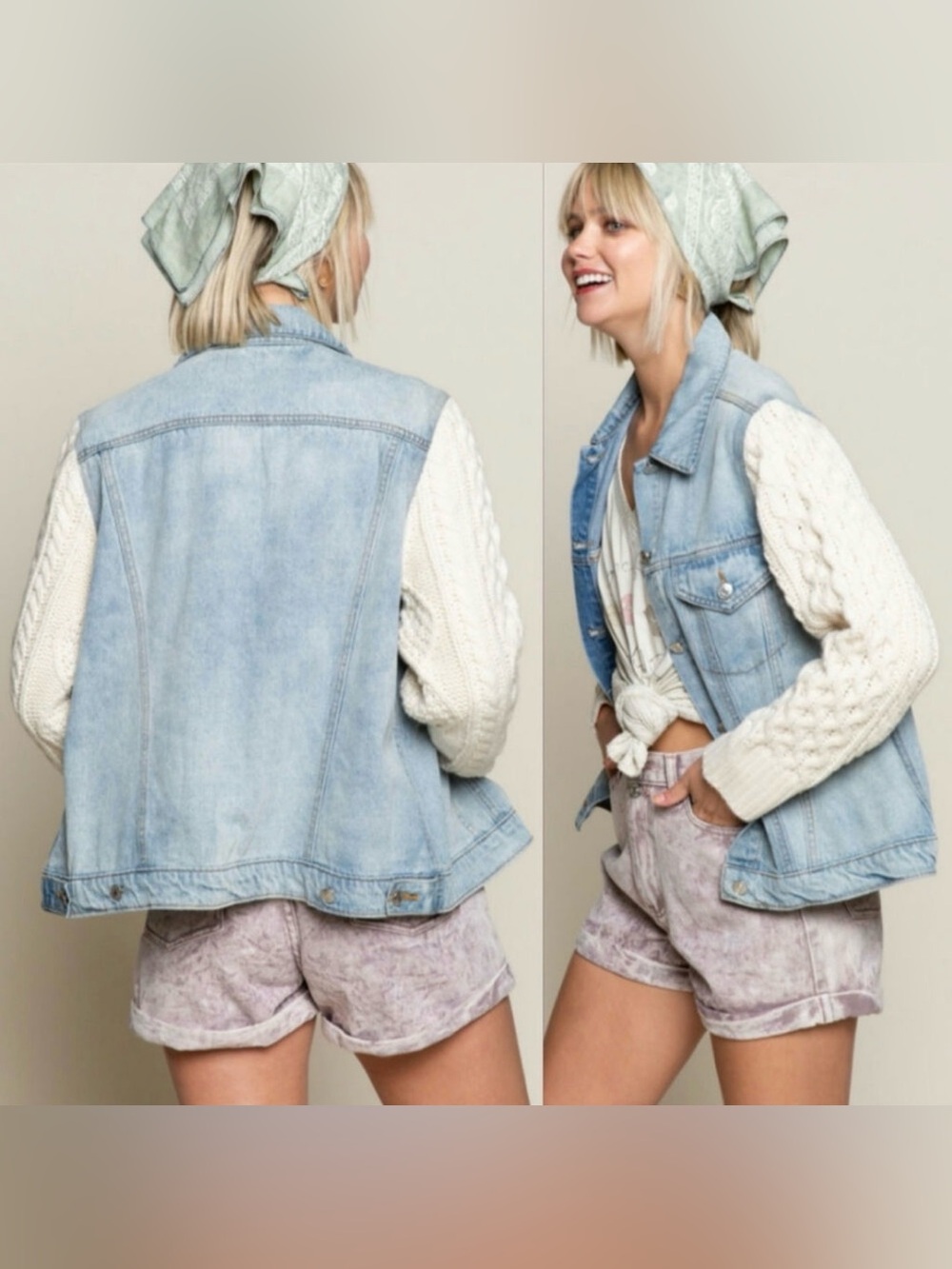 POL Light Wash Denim & Cream Cable-Knit Sleeve Jacket Size Large